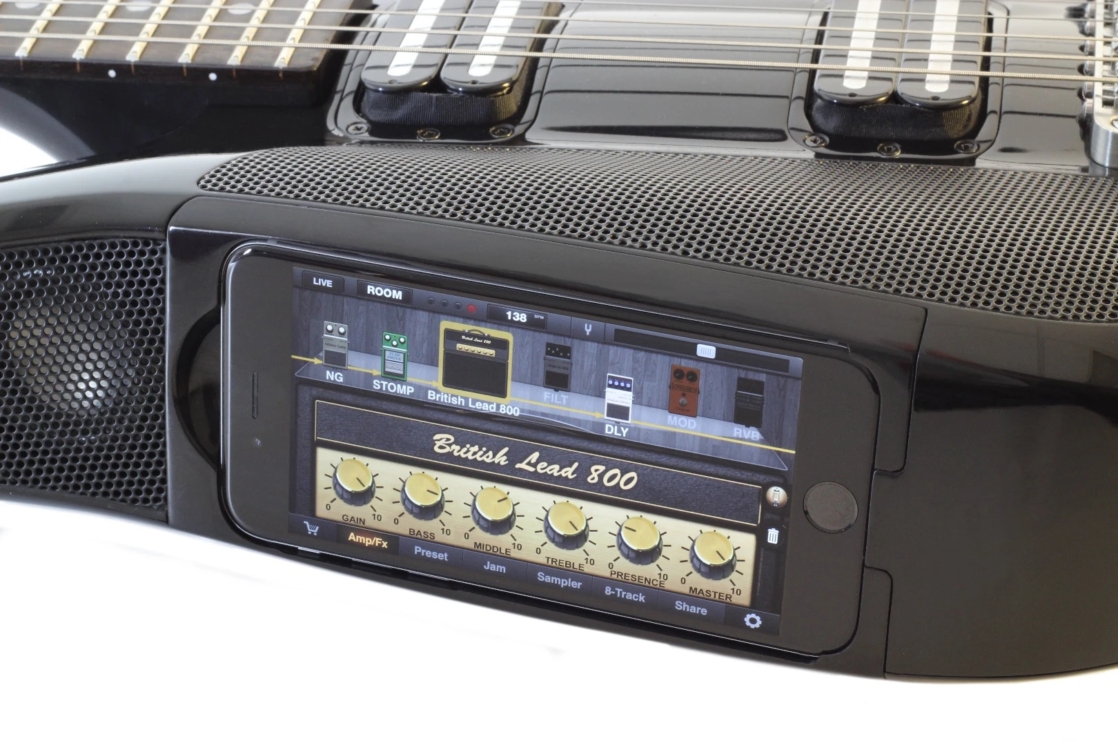 A music creation app can add digital effects and amp simulations to the output