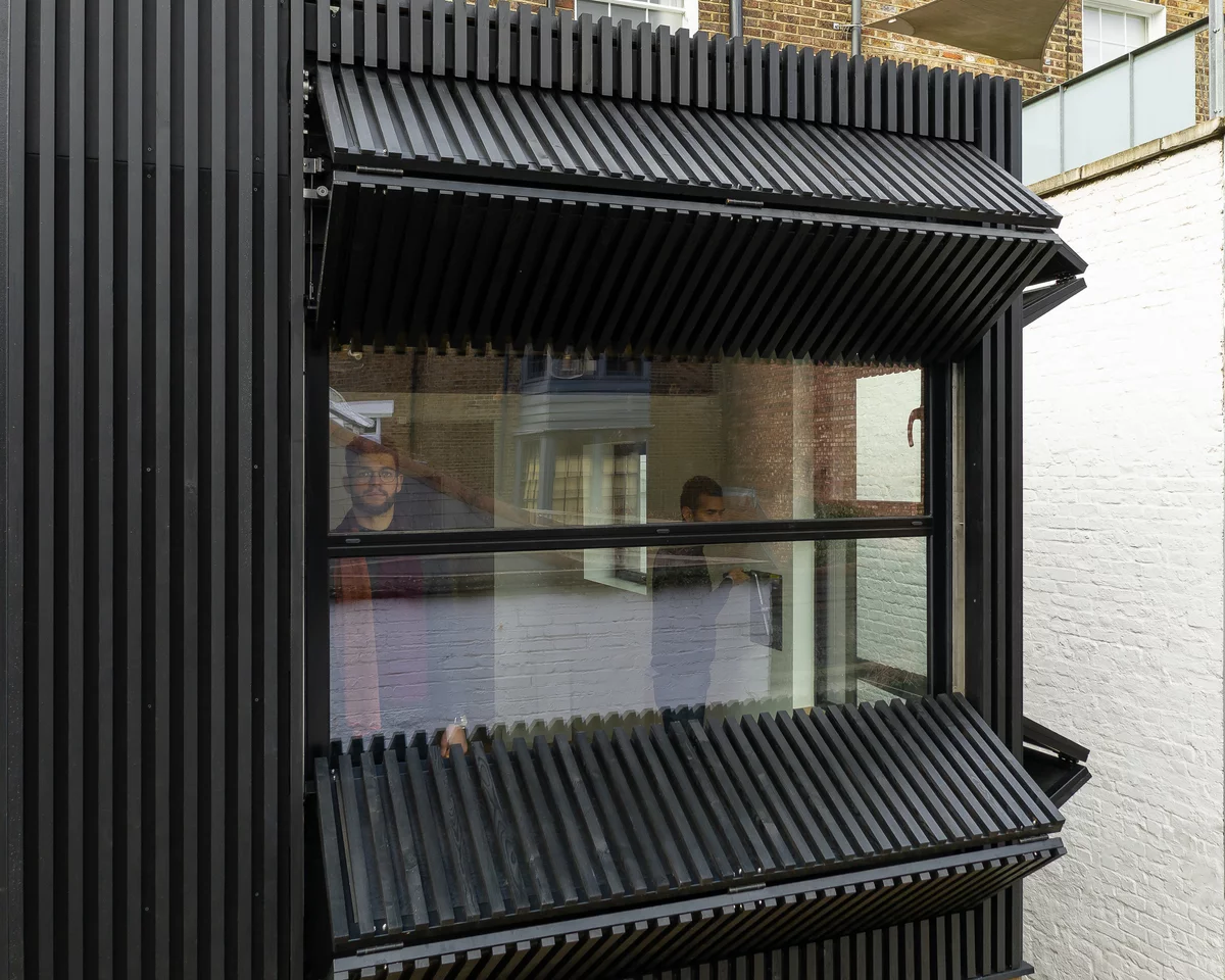 The winch mechanisms are self-locking, allowing the shutters to be left open at any point