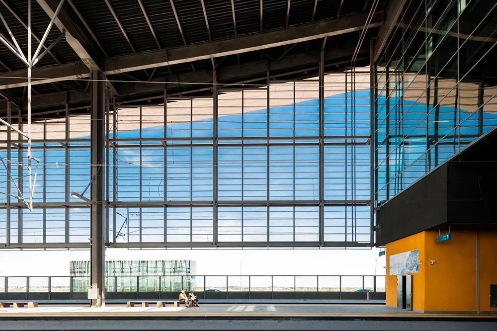 The view beneath the cantilevered roof of the Astana Train Station, Kazakhstan, by Tabanlıoğlu Architects