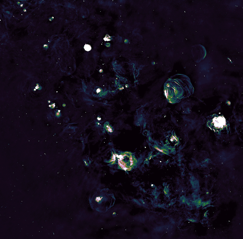 An animated image cycling through each individual telescope's view of the region, as well as the final combined image