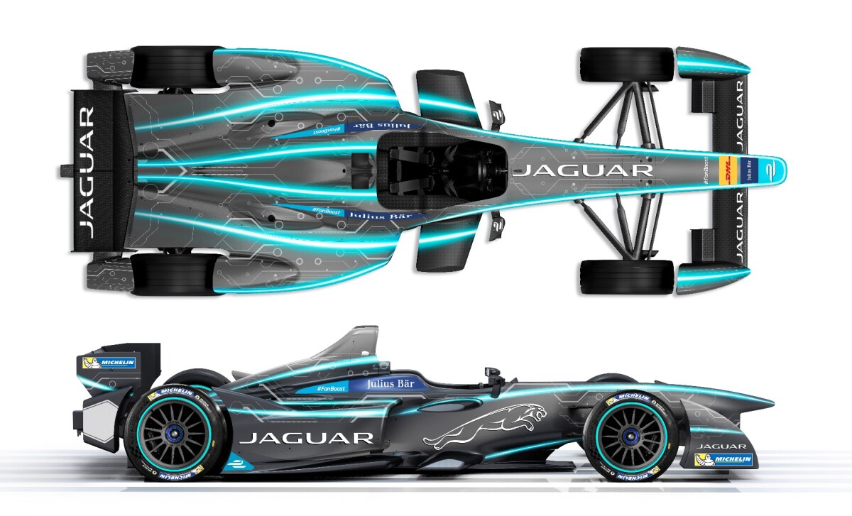 A top and side rendition of the Jaguar Formula E race car