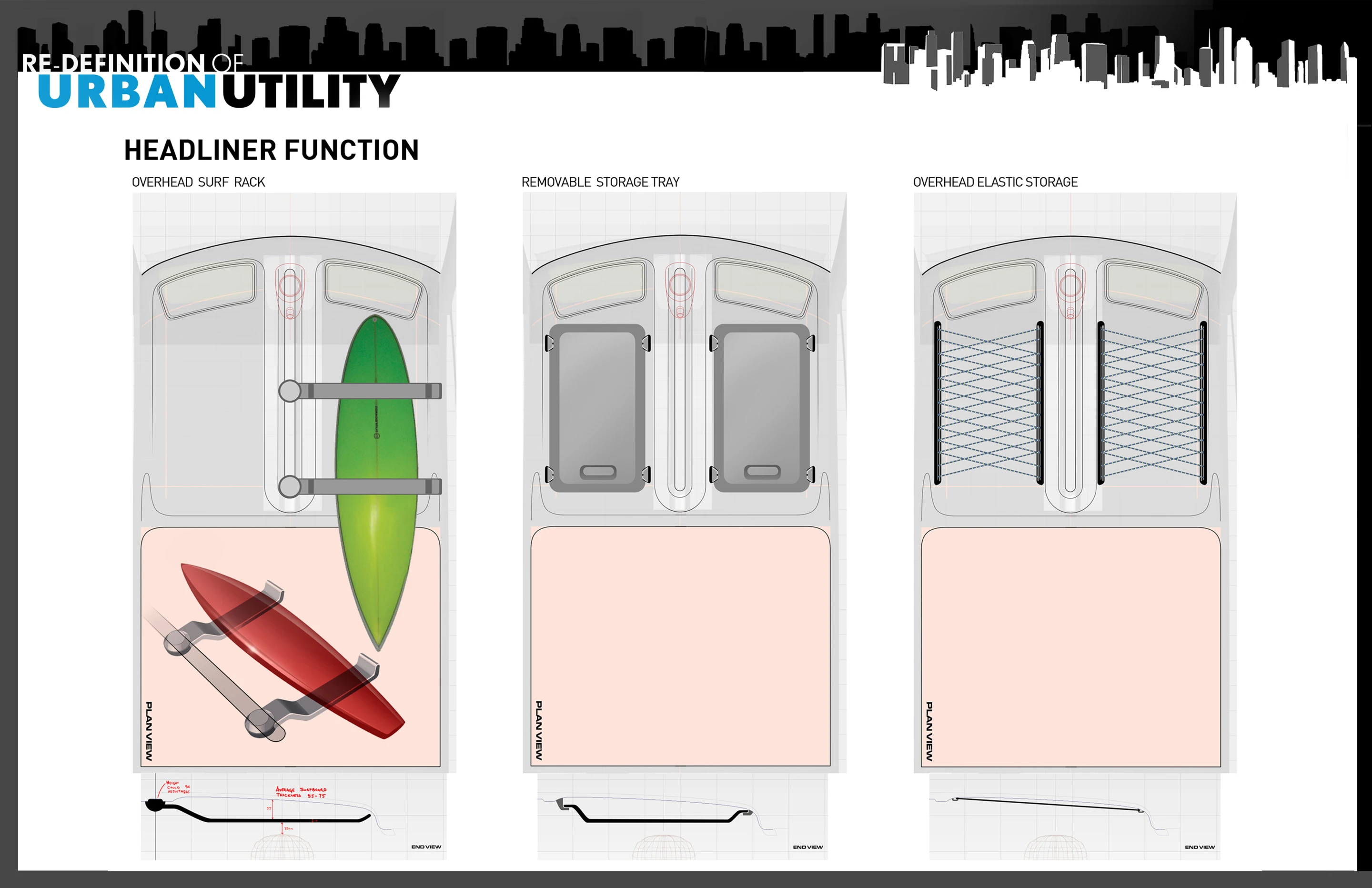 The headliner area can be transformed to hold surfboards, hold removable storage trays or be configured with elastic storage straps