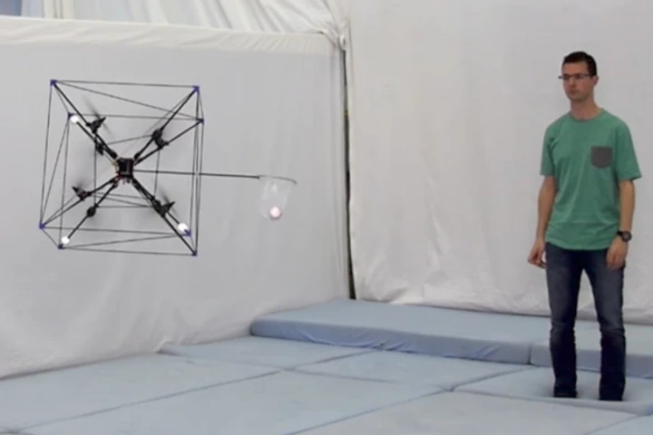 The new octocopter design positions the rotors at different angles to allow the drone to independently control its thrust in three dimensions