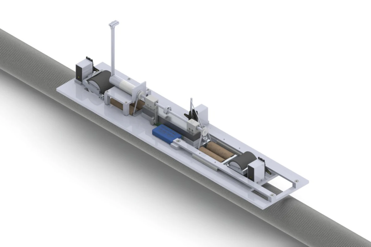 CAD model of the FluzCrawler robot inspecting a wire cable (Image: Fraunhofer IZFP)