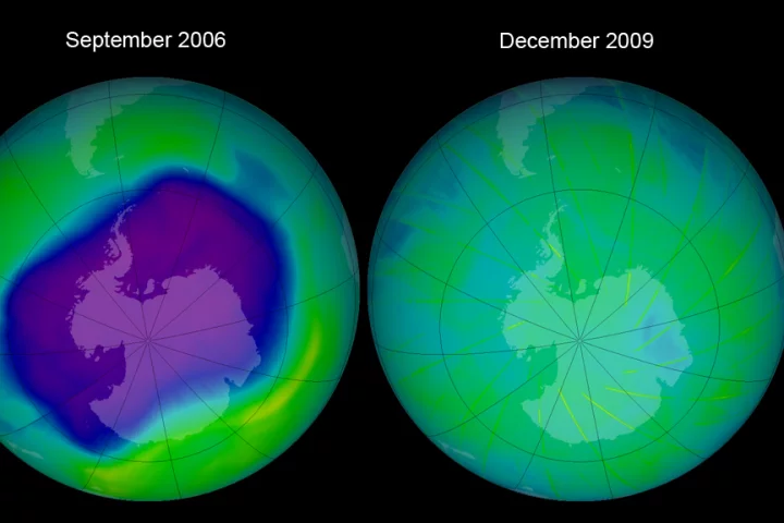 Total Ozone Mapping Spectrometer (TOMS) image of the largest ozone hole ever observed in September 2006 (left) and the ozone layer as it appeared in December 2009