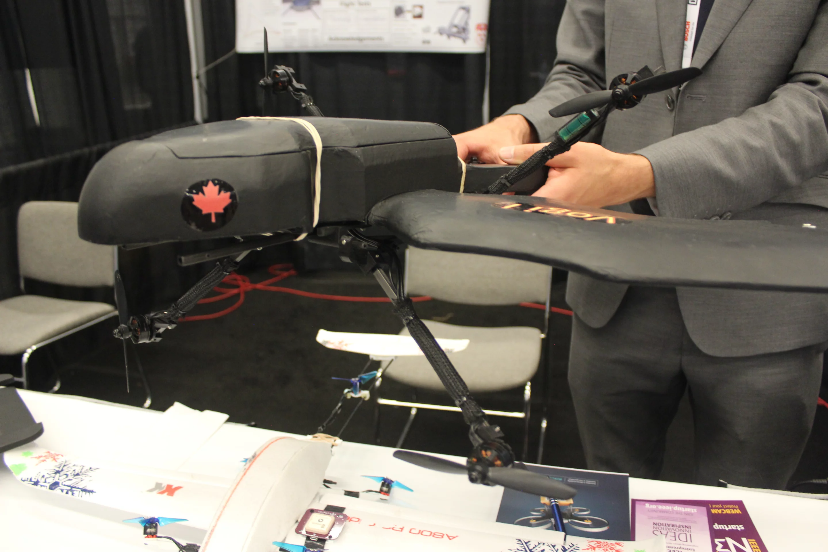 The Vogi drone, from Toronto-based startup Coriolis g, has four quadcopter-type propellers that sit horizontal for vertical take-offs and landings, but then swing into a vertical position for more efficient fixed-wing forward flight