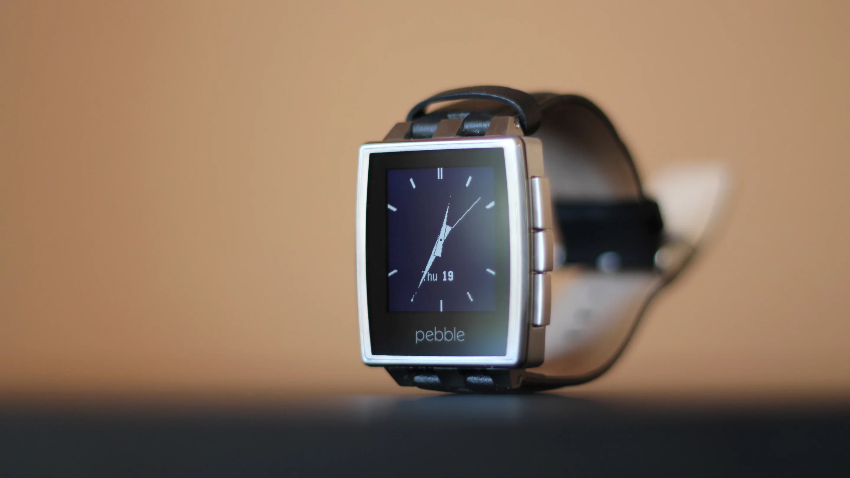We handled the "Brushed Stainless" Pebble Steel with black leather band