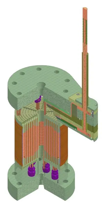 Cutaway drawing of the LANL 80 Tesla pulsed test magnet