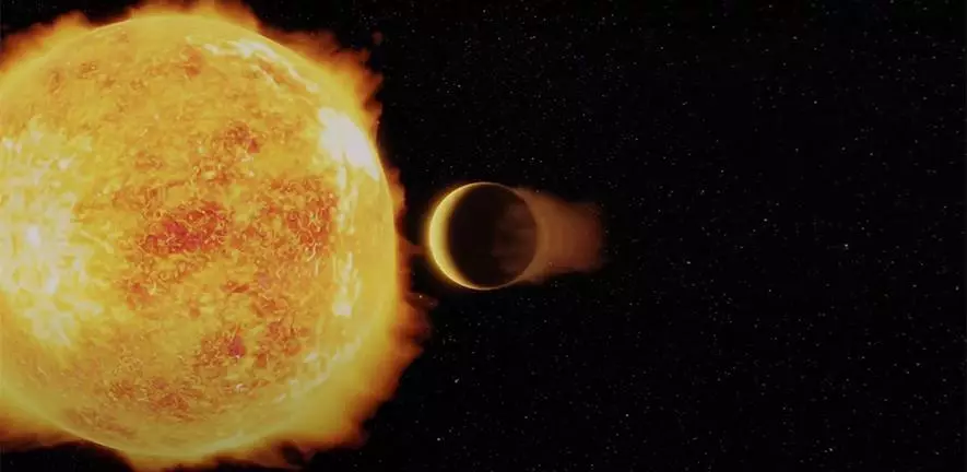 An artist's illustration of LTT 9779b, an ultrahot Neptune exoplanet that orbits its host star in under a day