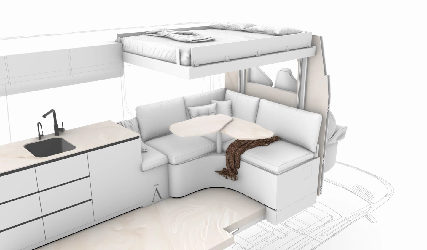 The double bed lifts away to the headliner during the day, then drops over top the sofa lounge at night