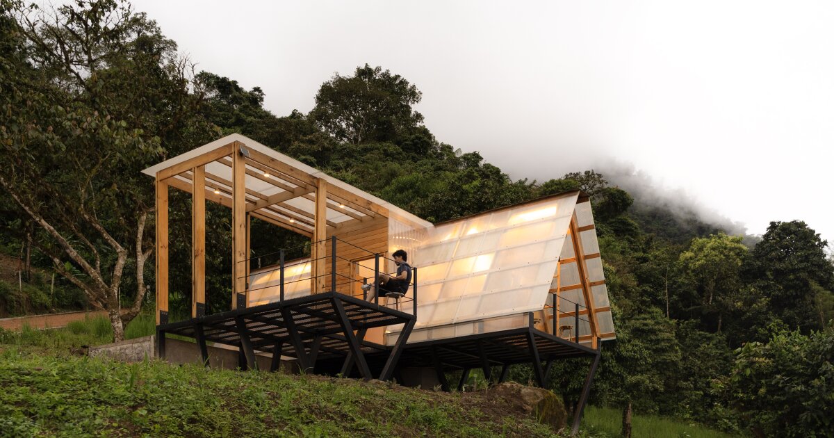 Tiny triangular cabin perches off a slope in Ecuador's cloud forest