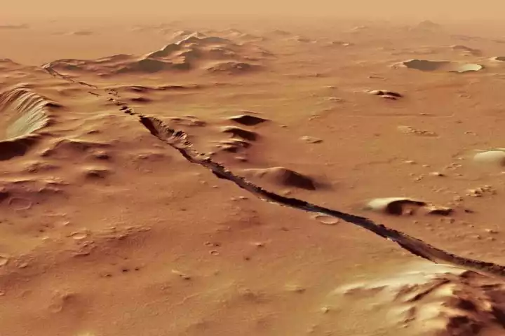 A fissure in the Cerberus Fossae system, which suggests fairly recent volcanic activity