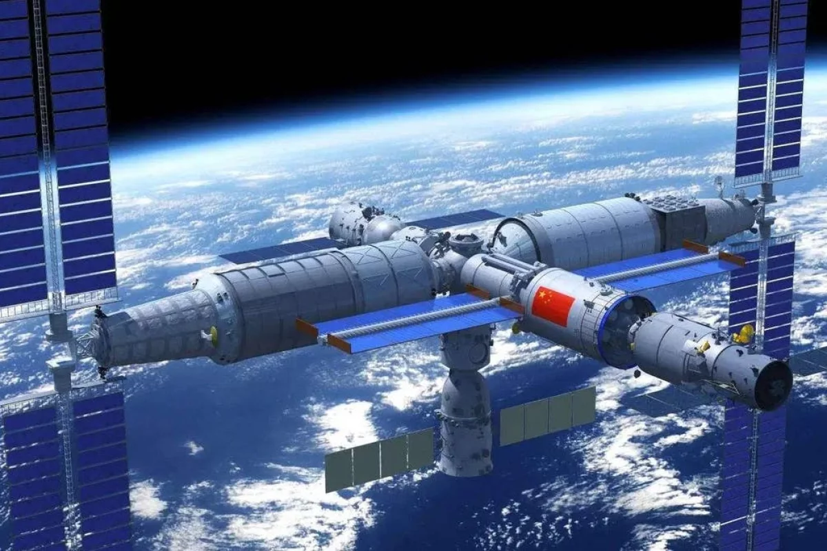 A render of China's Tiangong space station in orbit