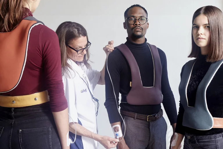 IV-Walk takes the form of a soft vest that contains a bag full of sodium chloride, antibiotics, or whatever medication is needed