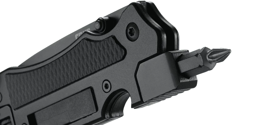 The screwdriver includes both Phillips and flathead bits