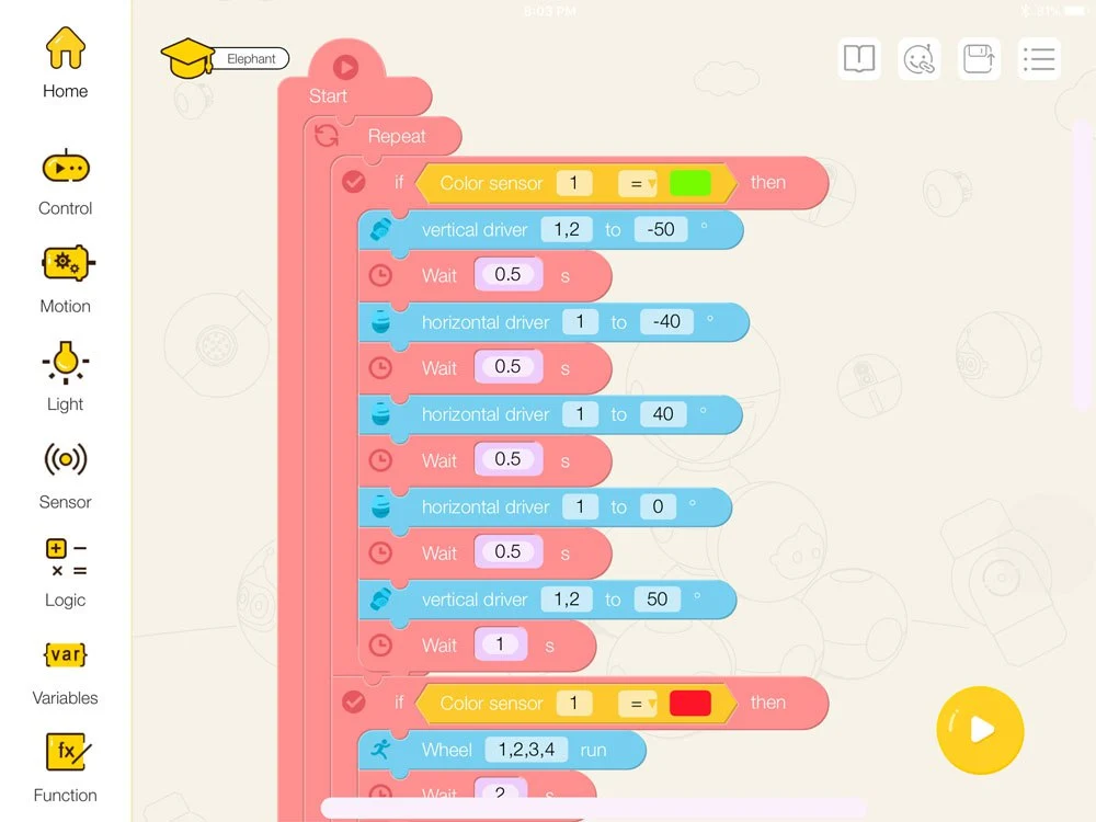 The Mabot IDE app allows for custom programming of a custom Mabot design. The Scratch-like interface is simple to use and can be quickly learned by those familiar with if-then logic trees