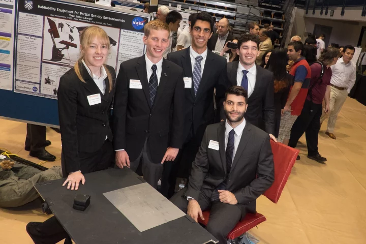 The Lunar Lounger team with the flatpack chair and table (Photo: Jeff Fitlow/Rice University)