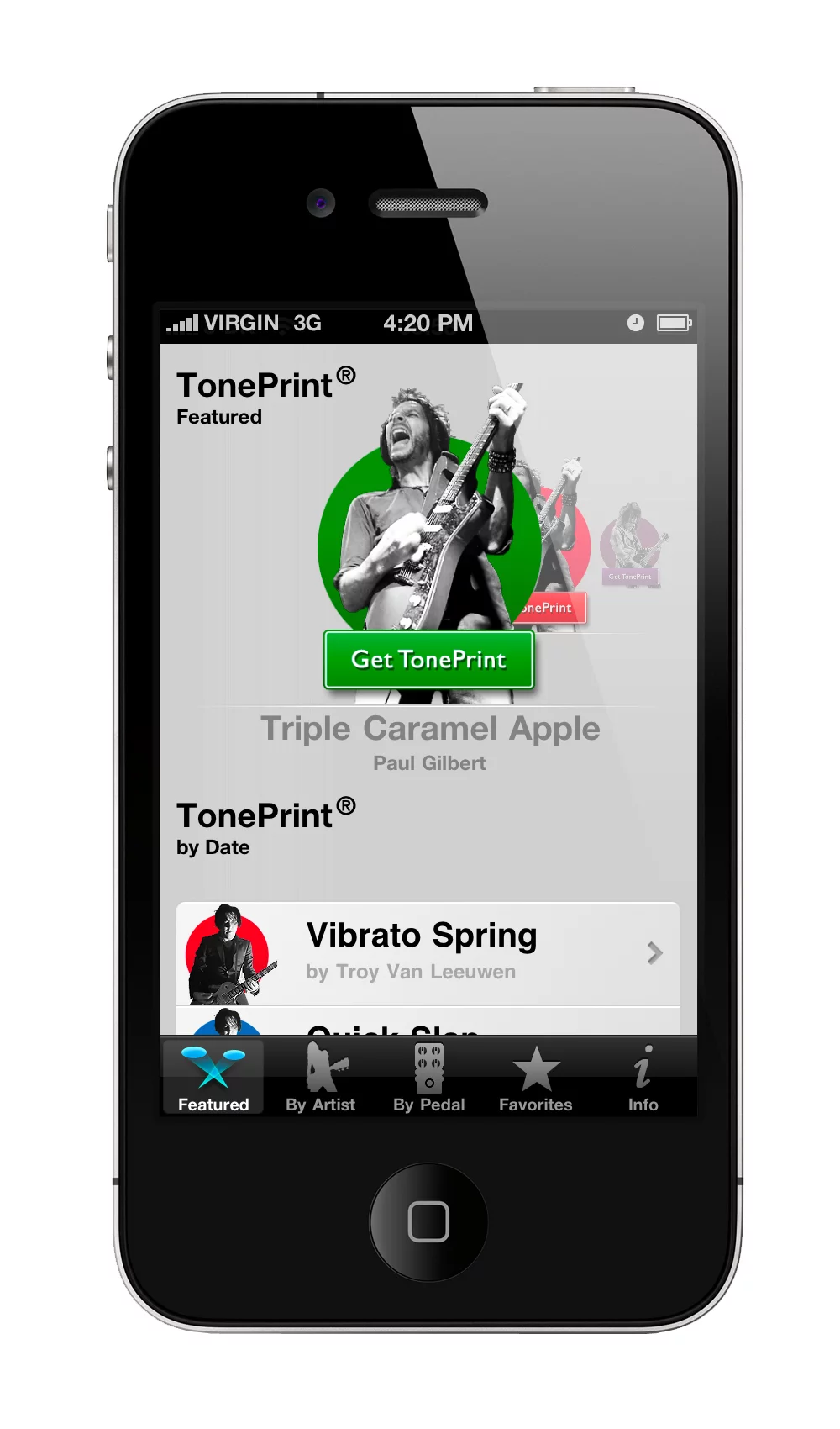 User can browse through the app's featured TonePrint list