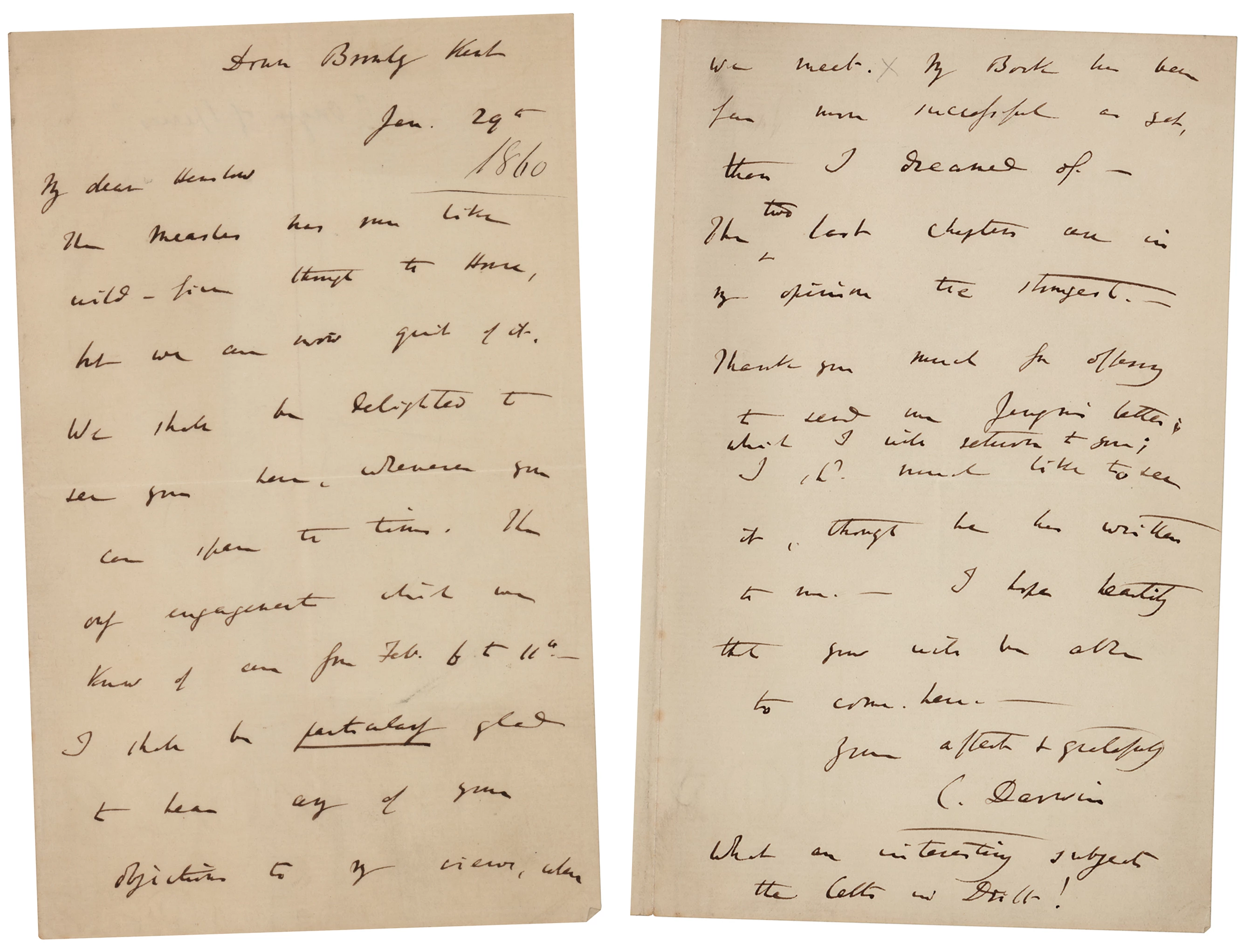 This autograph letter signed by Charles Darwin (1860) describing the success of his "Origin of Species" book was sold for $144,020 at RR Auction on 8 December 2021