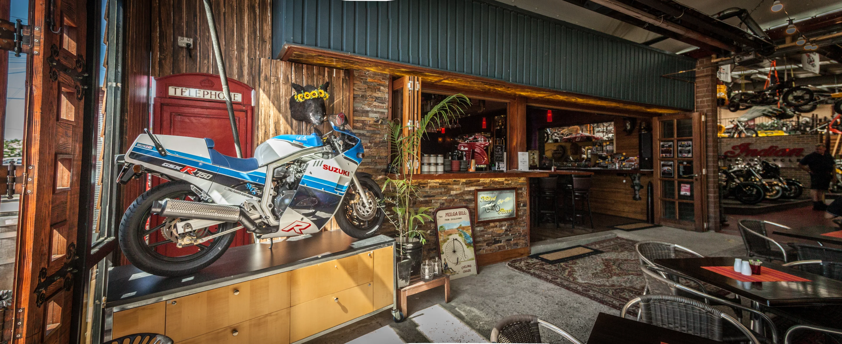 Antique Motorcycles: visitors are welcomed by an original 1985 Suzuki GSX-R750