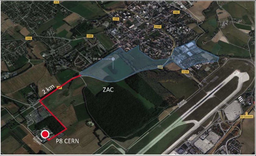 The red line indicates where the pipes will be placed, to funnel heat from the LHC Point 8 to the new ZAC development, bordered in blue