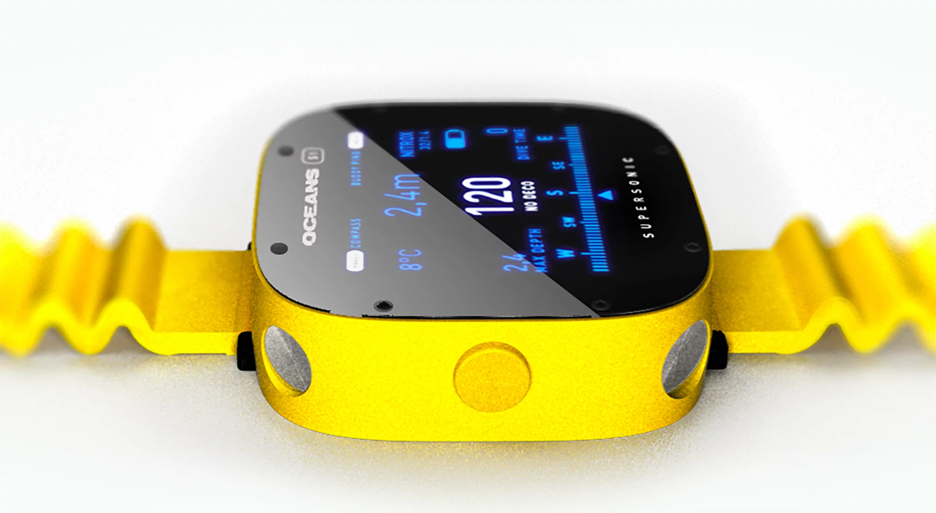 The Oceans S1 Supersonic weighs 95 grams (3.4 oz), works up to a maximum recommended depth of 50 m (150 ft), can store 500 dives or 80 hours worth of data, and should run for about 10 hours on one wireless charge of its battery