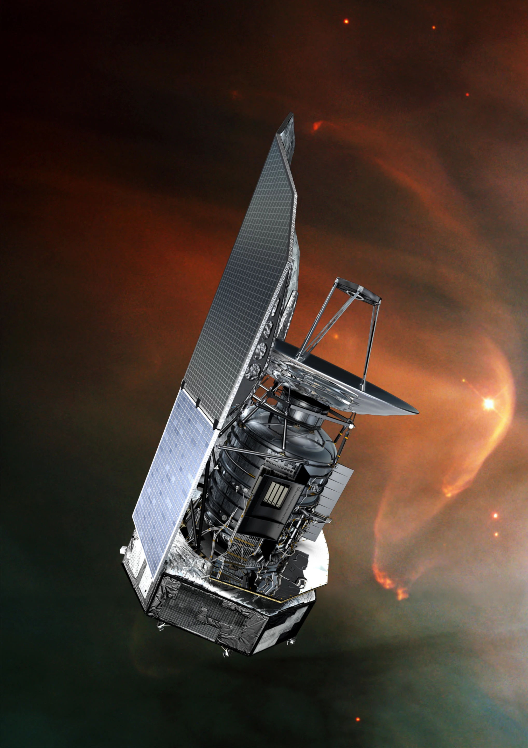 Artist's impression of Herschel (Image: ESA/ AOES Medialab; background: Hubble Space Telescope image (NASA/ESA/STScI))