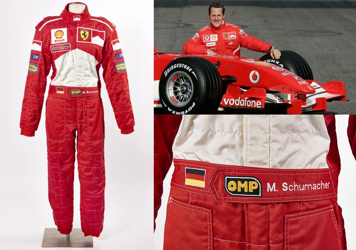 Artcurial Monaco July 2, 2017 Auction: A genuine Michael Schumacher race suit from the 1999-2001 period that was purchased at a charity auction in 2016 after being donated to the auction by Alain Prost. Estimated to fetch between €3,000 and €5,000, the €9,100 final price was still very reasonable considering the provenance of four-time-champ Prost and seven-time-champ Schumacher. Auction Description
