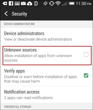 Don't allow apps from unknown sources on Android