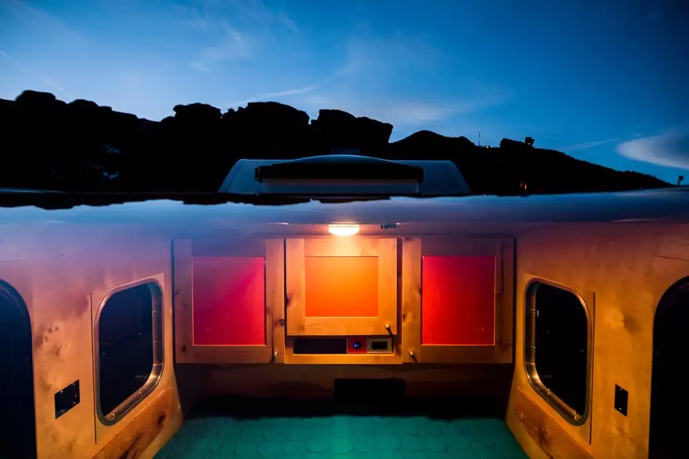 The Timberleaf teardrop trailer includes a skylight with retractable shade