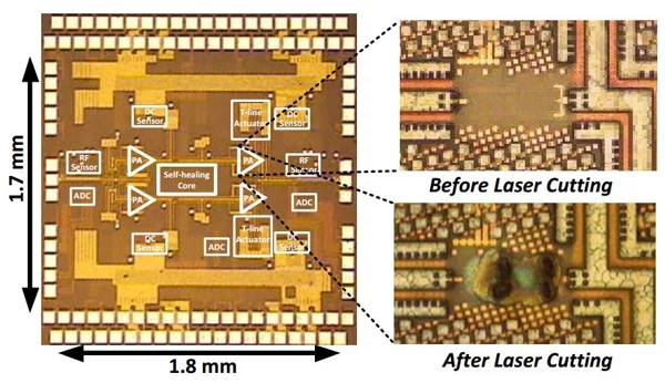 A self-healing power amplifier before and after laser cutting (Photo: Steven M.Bowers, Kaushik Sengupta, Kaushik Dasgupta and Ali Hajimiri)