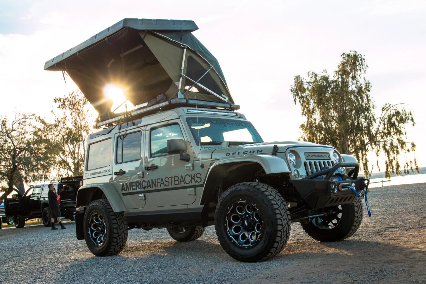American Fastbacks specializes in making hard tops for Jeep JK and TJ/LJ models and brought a range of tricked-out Jeeps to the Sand and Water expo. This is its Badlands model, equipped with a stove top, a fridge, and an electric hard top camper with the ability to sleep four