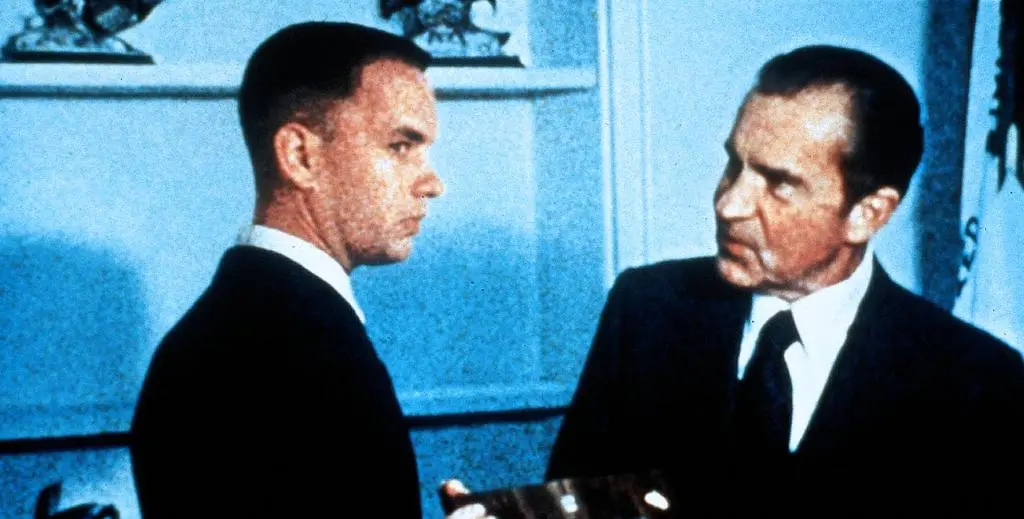 Tom Hanks meeting Richard Nixon in a digitally constructed scene from Forrest Gump