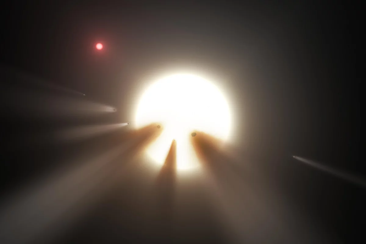 An artist's impression of a swarm of comets dimming "Tabby's Star" – an explanation that has been ruled out for the newly described star, EPIC 249706694