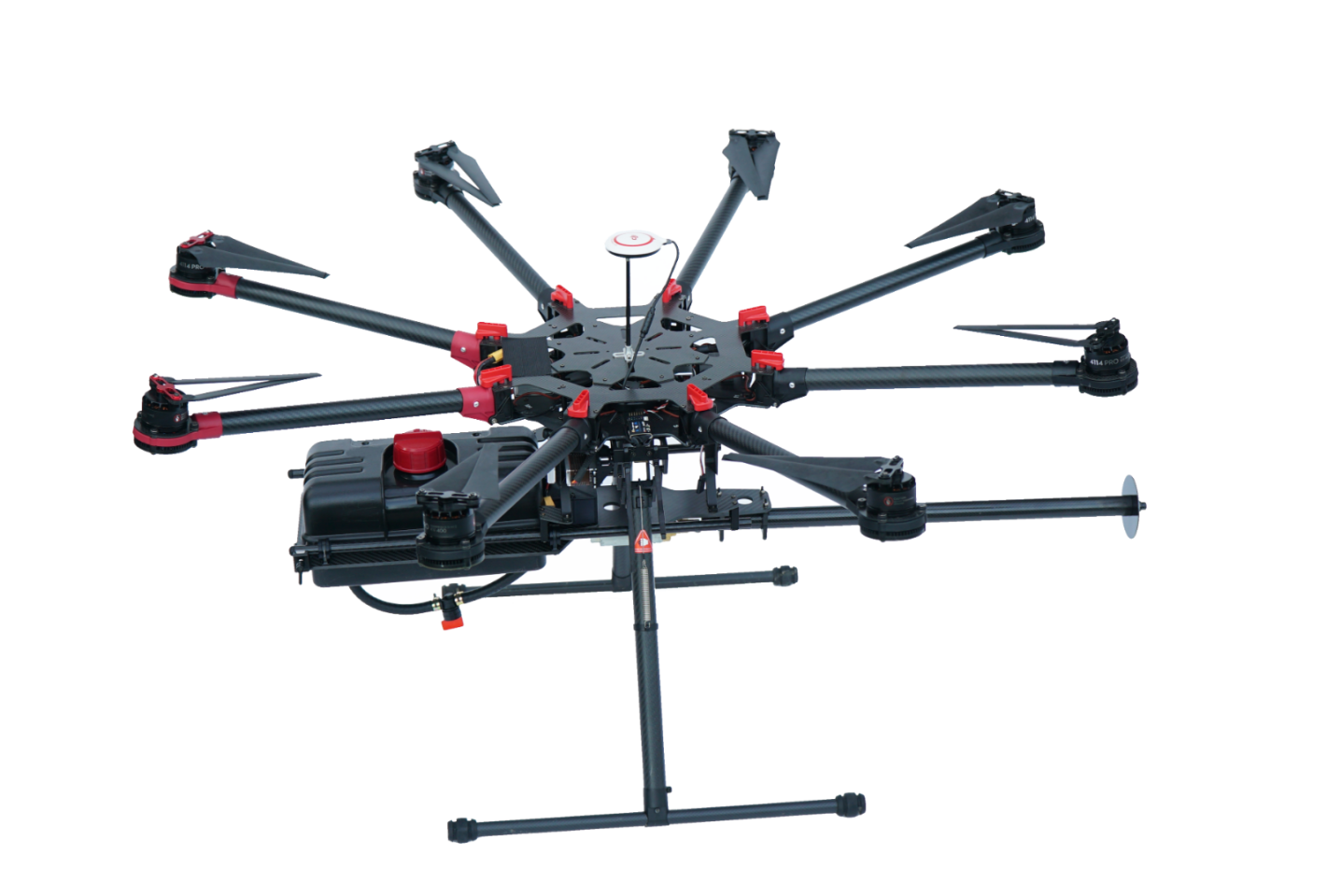 The TF-19 Wasp drone flamethrower attachment is shown here mounted on a commercial grade, professional drone with a five-pound-plus payload rating