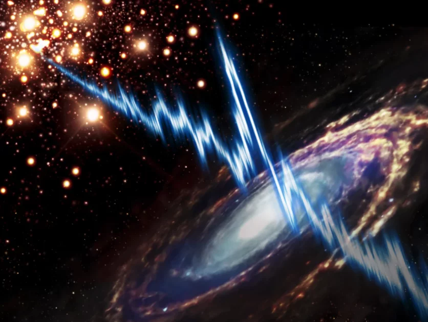 An artist's impression of a fast radio burst originating from a globular cluster in the galaxy Messier 81