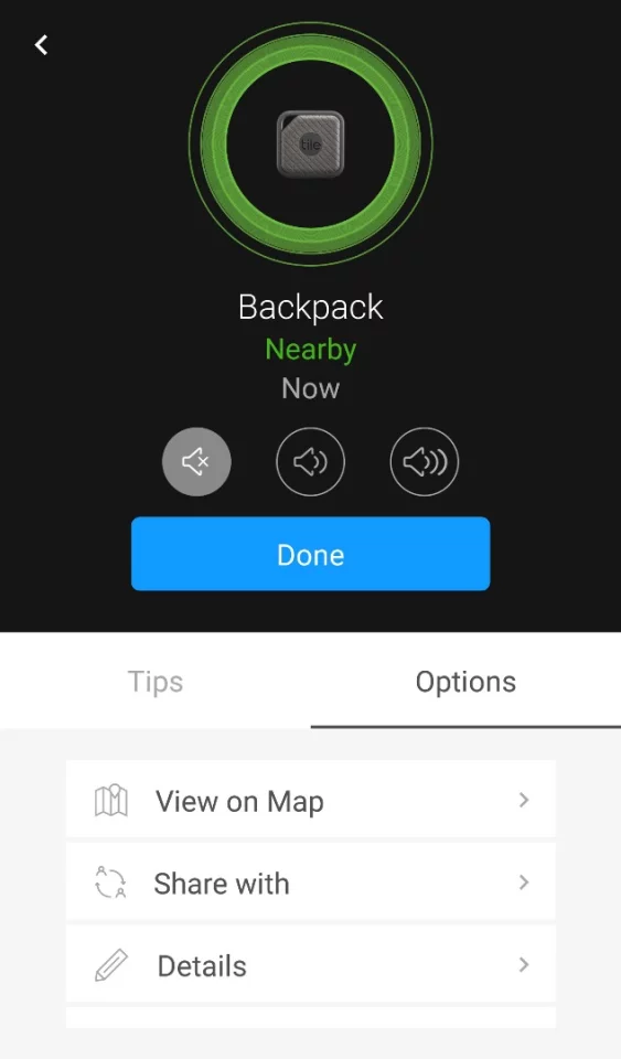 If the Tile Sport's audible alarm isn't practical, a visual guide mode uses green circles to show whether you're getting "warmer or cooler" from the object