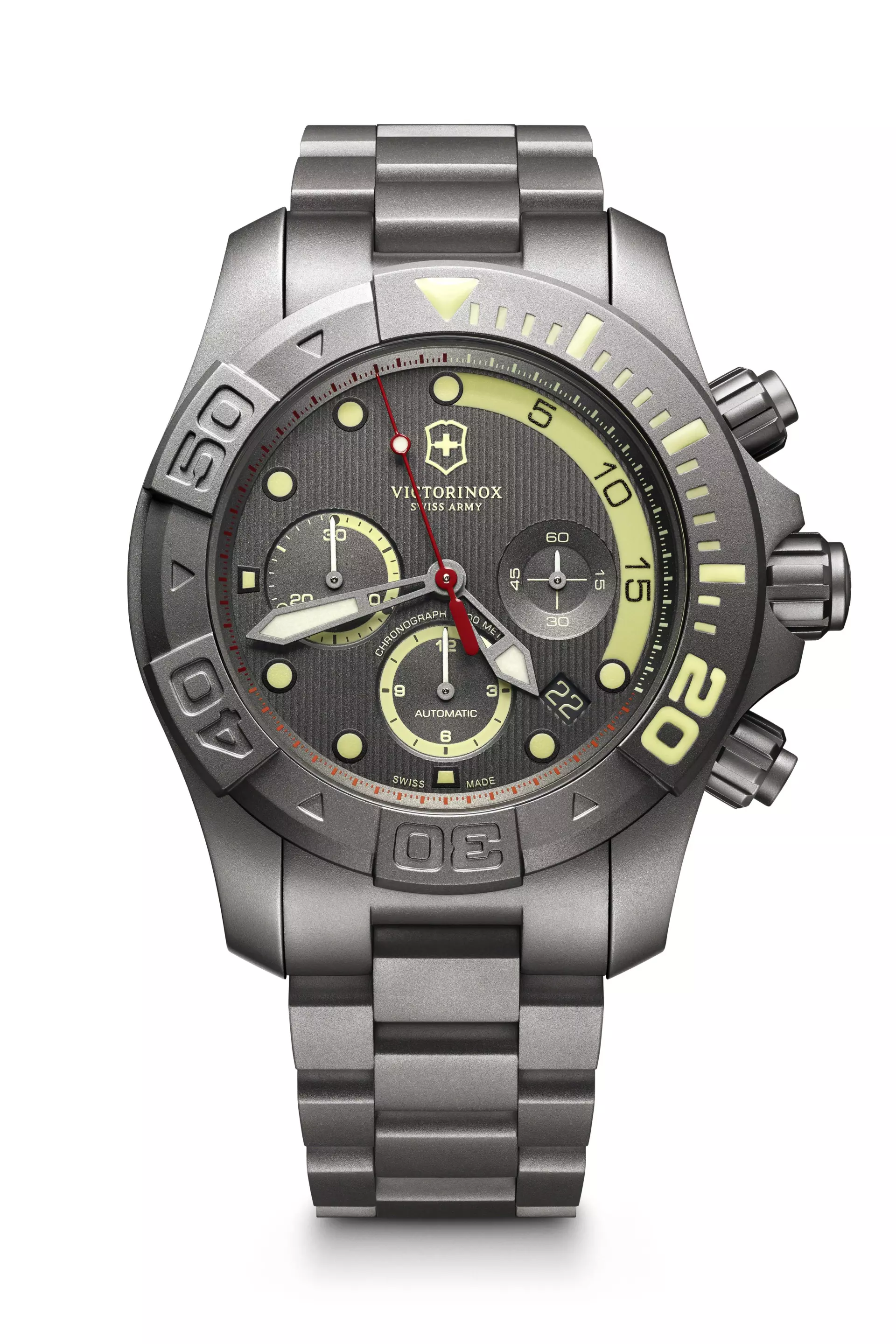 The Dive Master Titanium has a 43 mm case in Grade II Titanium that's been sandblasted matte gray
