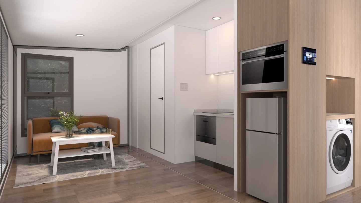 The Grande S1's living room and kitchen
