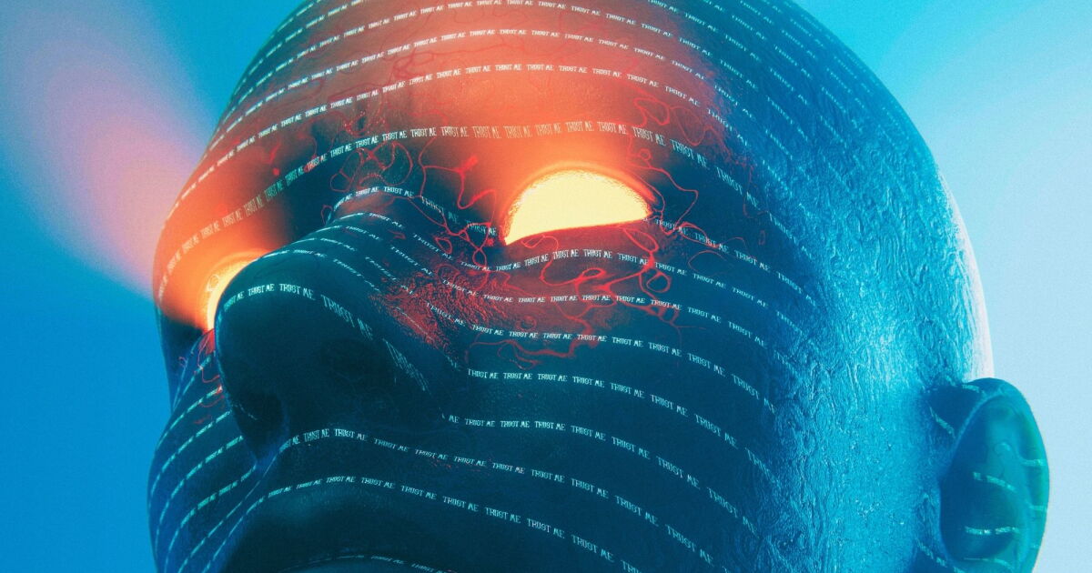 Parlak turuncu bir güneş ve dışa doğru yayılan çizgiler içeren mavi bir küre, pembe renkli, girdap şeklinde bir form tarafından kısmen örtülmüş olup "THROUGH ME" metni birden fazla kez tekrarlanmaktadır.