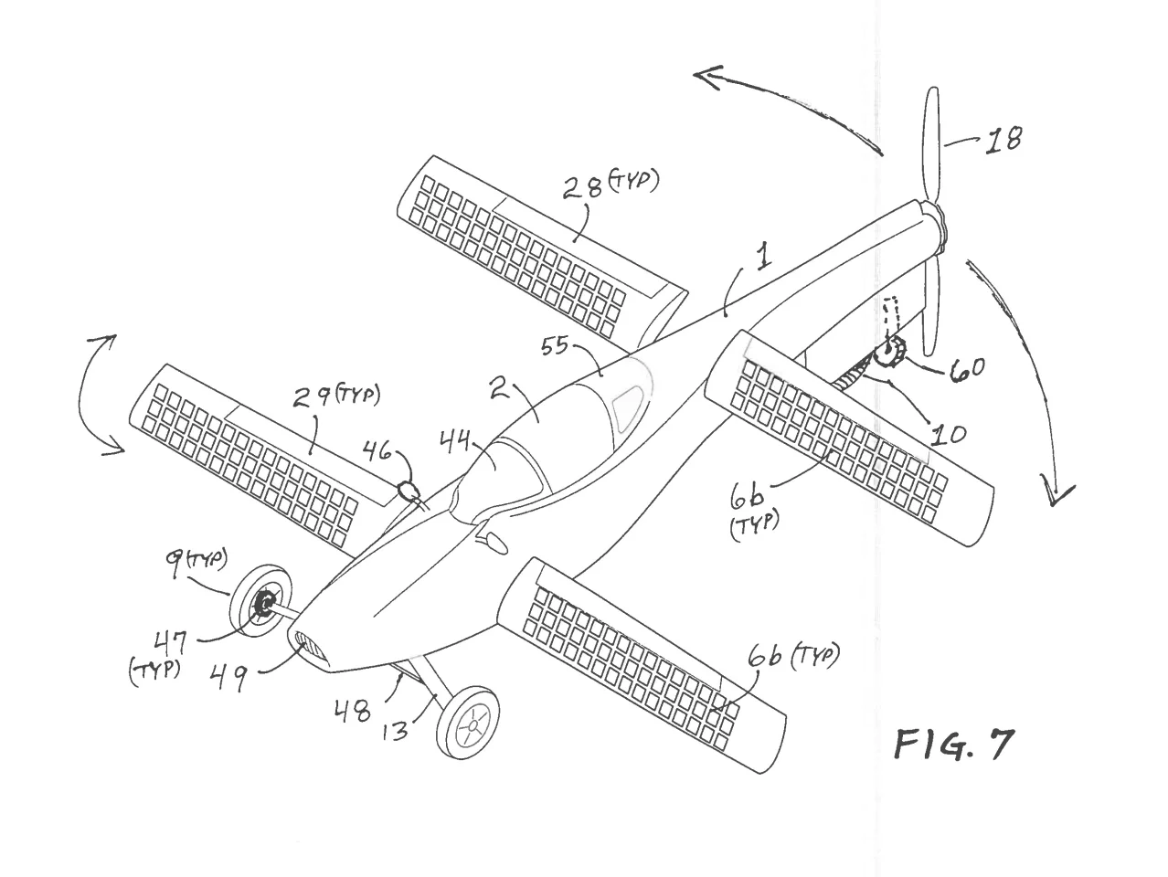 A figure showing one of the land-sailing wing positions (the other is with the wingtips pointed up) where the flying car can be entirely propelled by wind in the right conditions