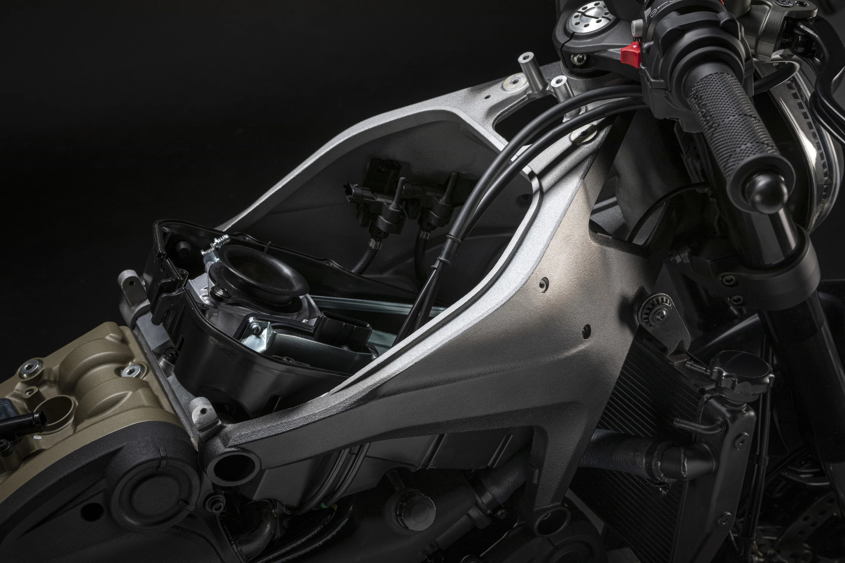 The front frame of the 2021 Ducati Monster draws inspiration from the Panigale V4