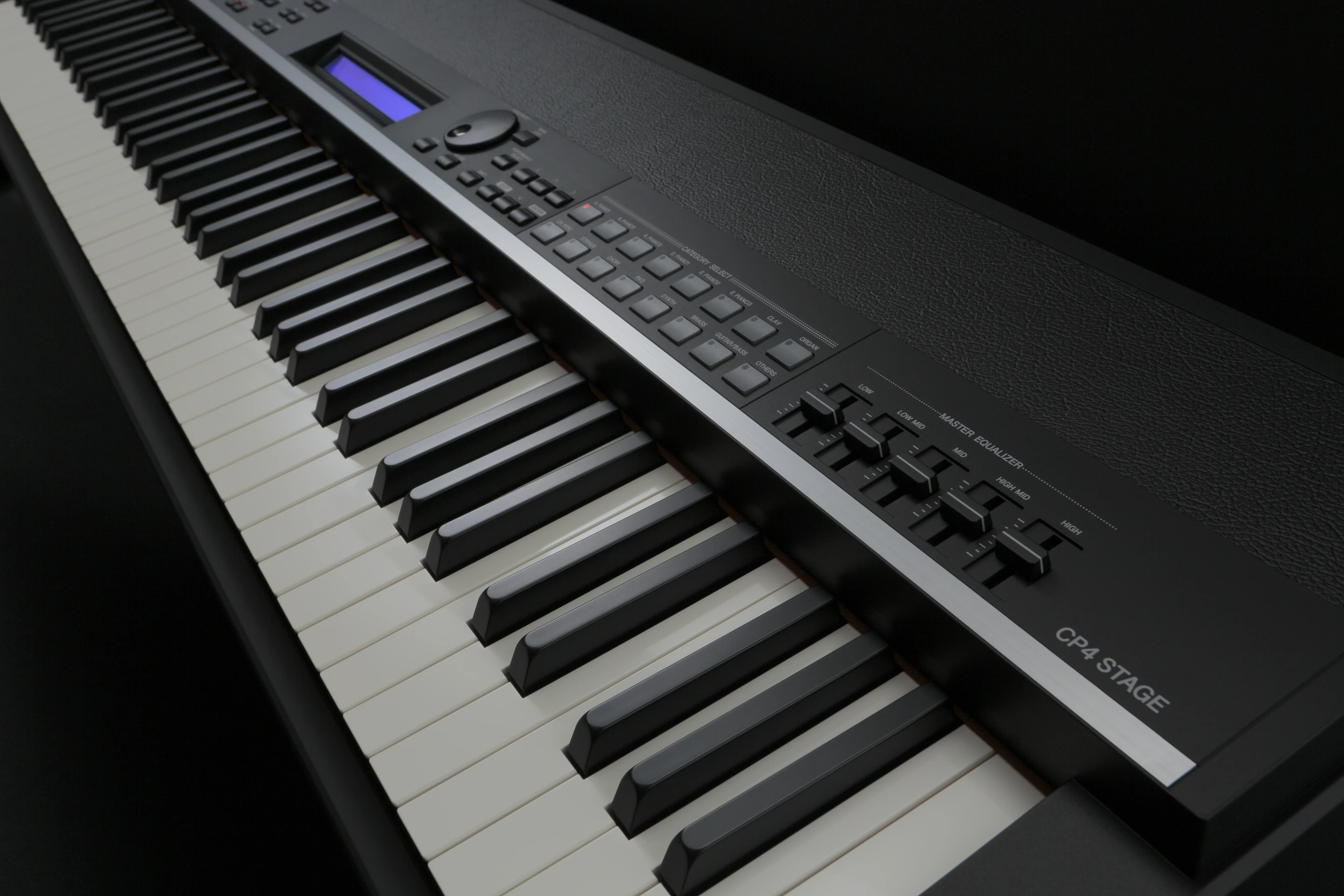 The CP4 Stage's UI includes voice category buttons for quick sound selection, five band master EQ control and a 40-character LCD display with back lighting