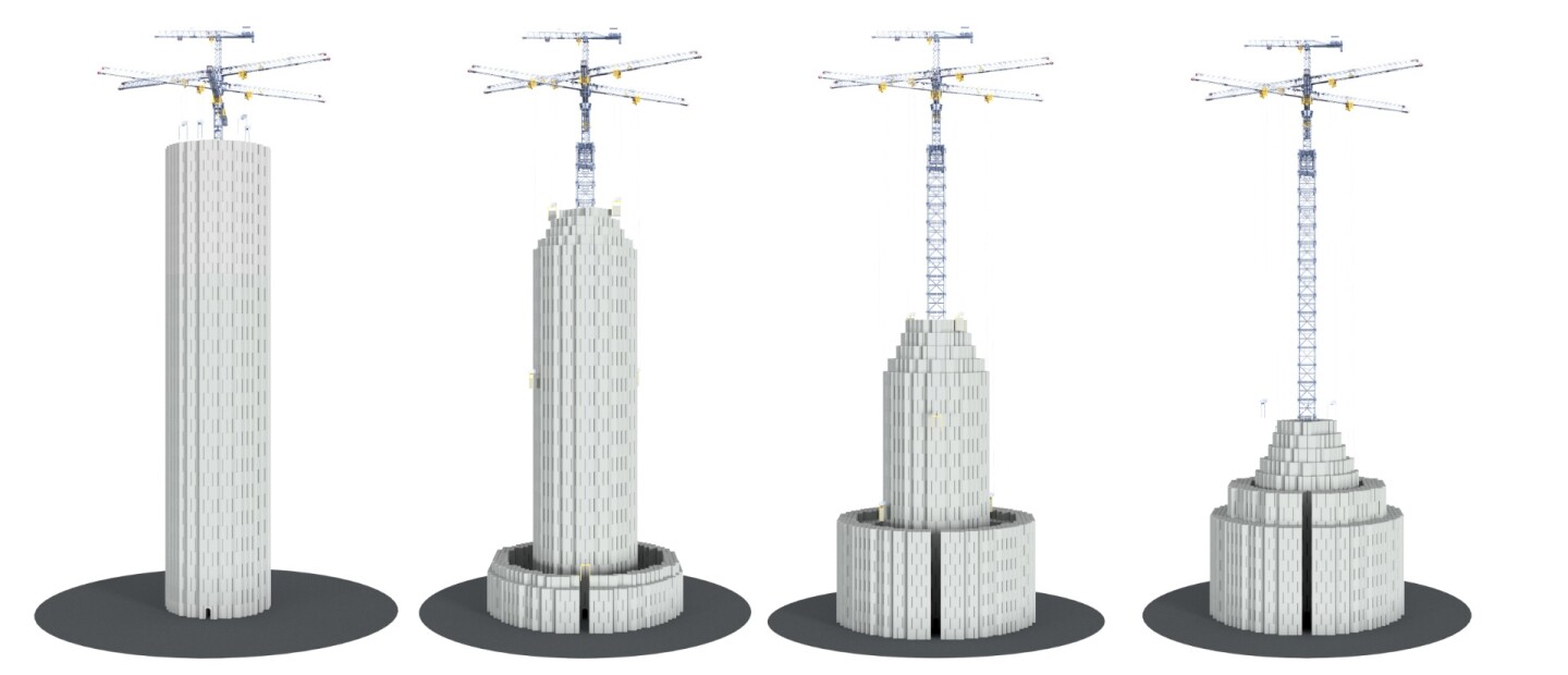 The Energy Vault system goes from fully charged (left) to empty (right)