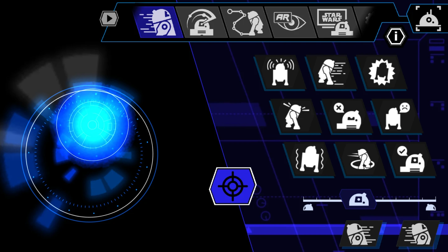 On the left is the virtual joystick that drives the droids, and on the right are the Emote buttons, which will make the robot dance, light up and make noises