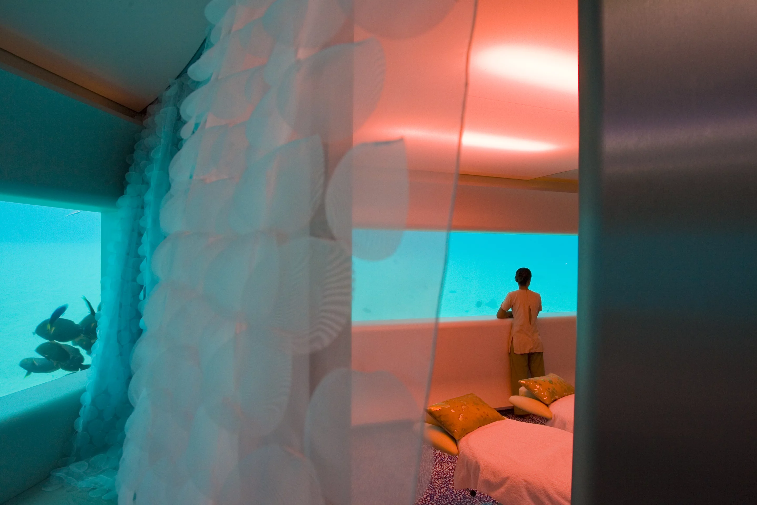 The aptly-named relaxation room provides a customized ambiance, courtesy of user-controlled temperature, smell, and color settings