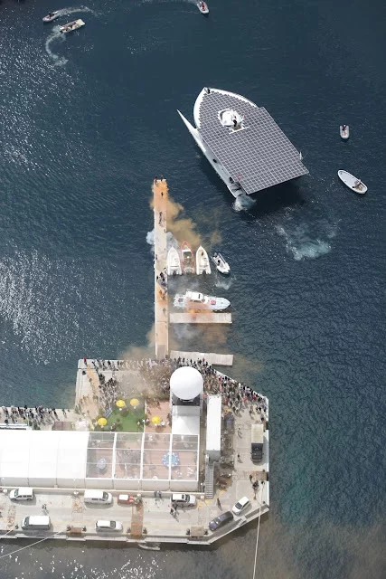 The TURANOR PlanetSolar, as it enters Monaco's Hercule Harbor