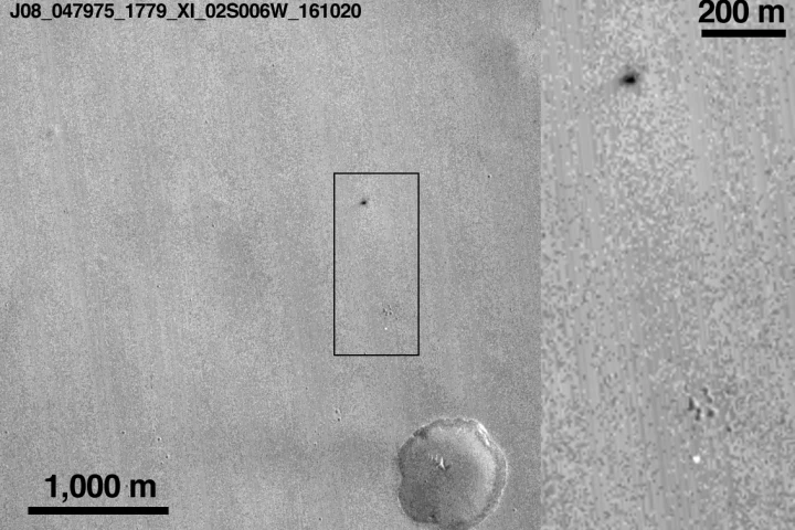 Schiaparelli landing zone showing effect of the probable spacecraft impact and explosion