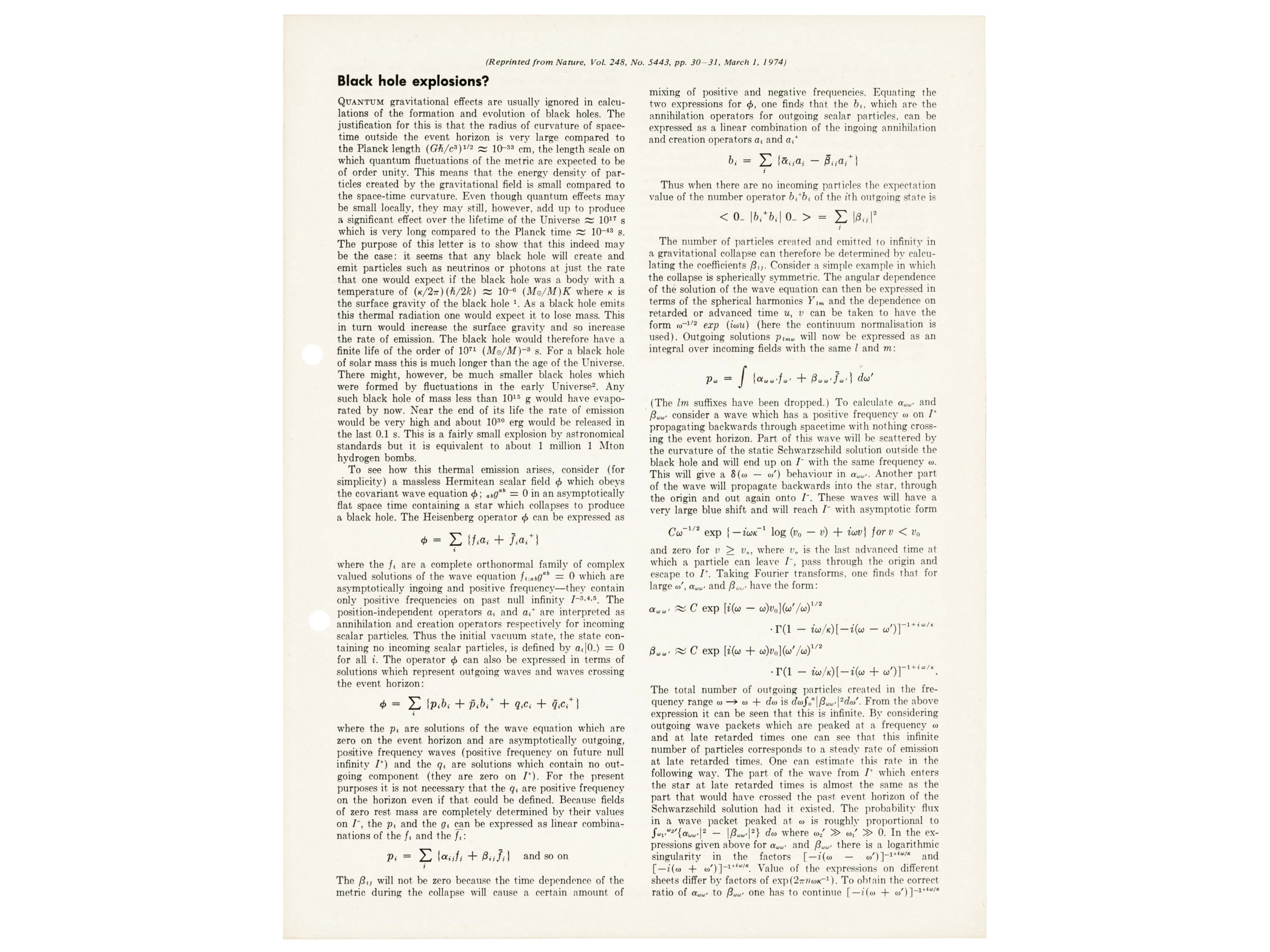 Hawking’s most important article, predicting Hawking Radiation | Sold for: $9,465 (£7,500) by Christie's on July 16, 2020