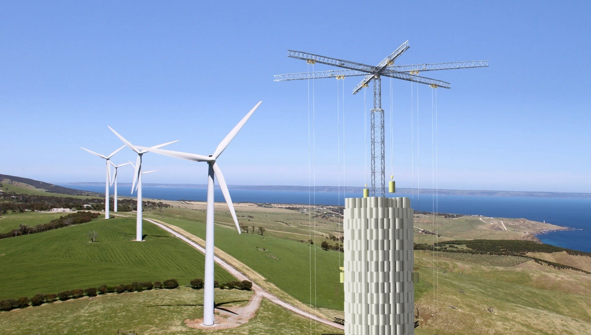 The Energy Vault grid-level energy storage system uses concrete blocks, stacked in a tower